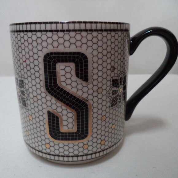 Anthropologie Other - Anthropologie Bistro Tile Monogram Leather S Mug Cup black white gold Ceramic